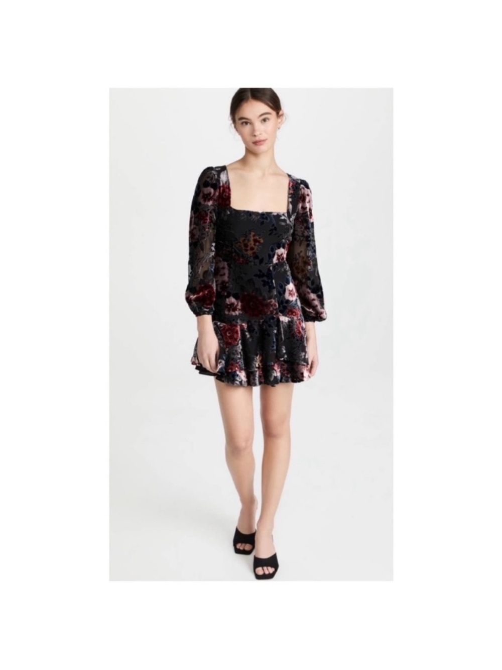 Yumi Kim Black Velvet Floral Square-Neck Mini Dress
